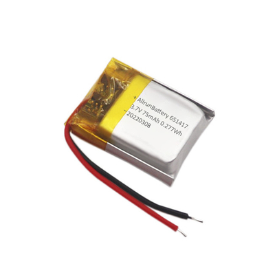 İnce IoT Pil Paketi Şarj Edilebilir Özel 3,7 V 75mAh LiPo Pil 651417